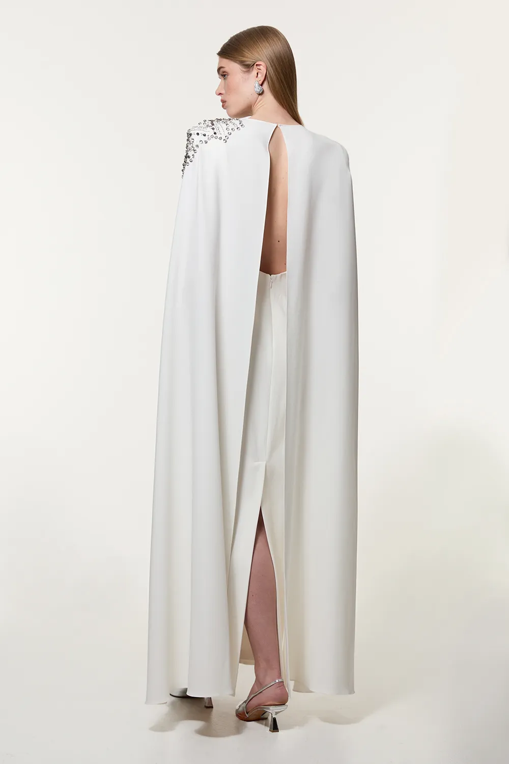 Placed Floral Crystal Embellished Tailored Drama Cape Maxi Dress BKK22721