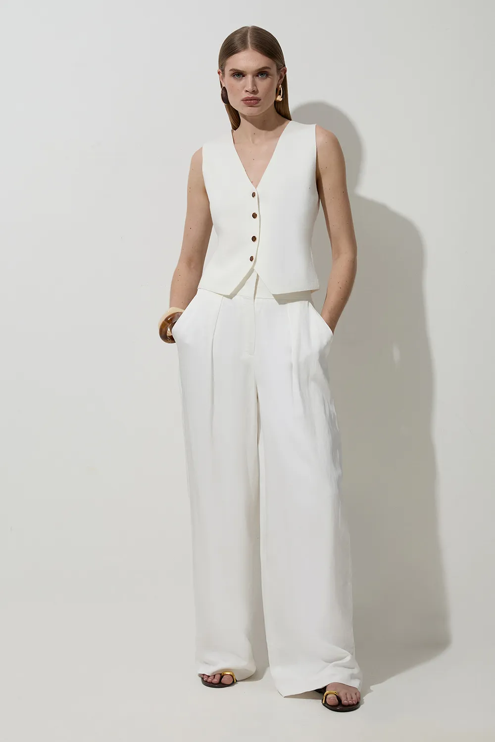 Petite Tailored Viscose Linen Wide Leg Pants BKK22733