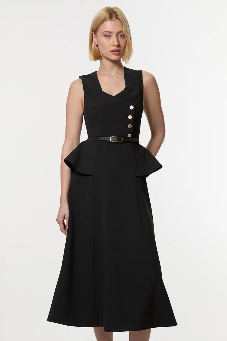 Compact Stretch Belted Peplum Detail Full Skirted Midi Dress BKK22841