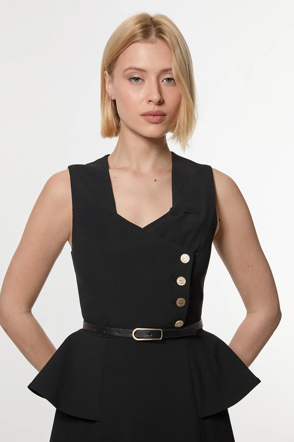 Compact Stretch Belted Peplum Detail Full Skirted Midi Dress BKK22841