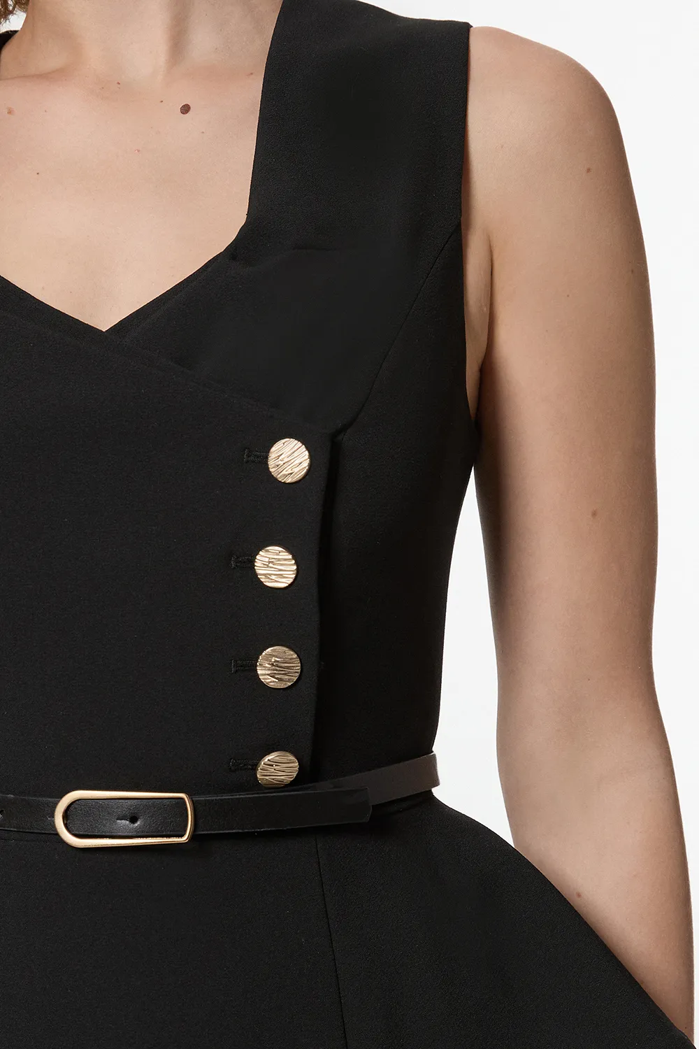 Compact Stretch Belted Peplum Detail Full Skirted Midi Dress BKK22841 3 Compact Stretch Belted Peplum Detail Full Skirted Midi Dress BKK22841