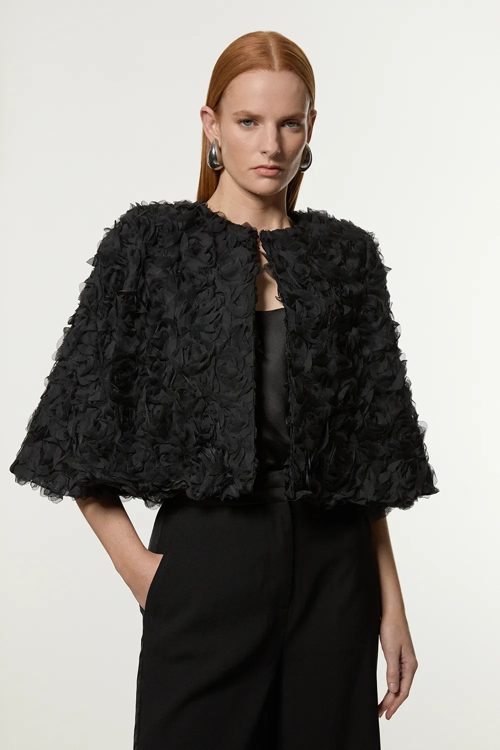 Textured Rosette Woven Cropped Cape BKK22908