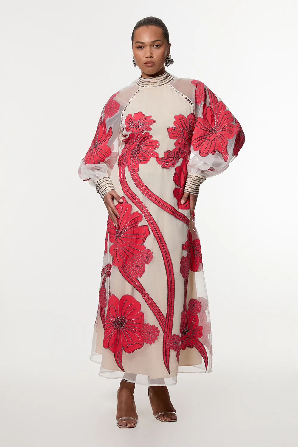 Plus Size Applique Organdie Floral Graphic Maxi Dress BKK22929