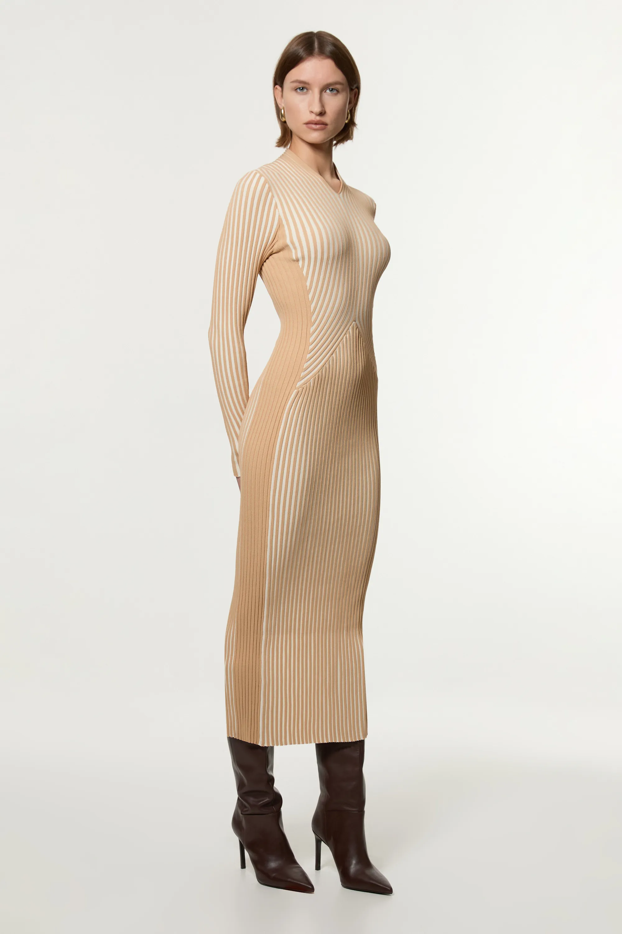 Stripe Fitted Long Sleeve Knitted Midi Dress BKK22970