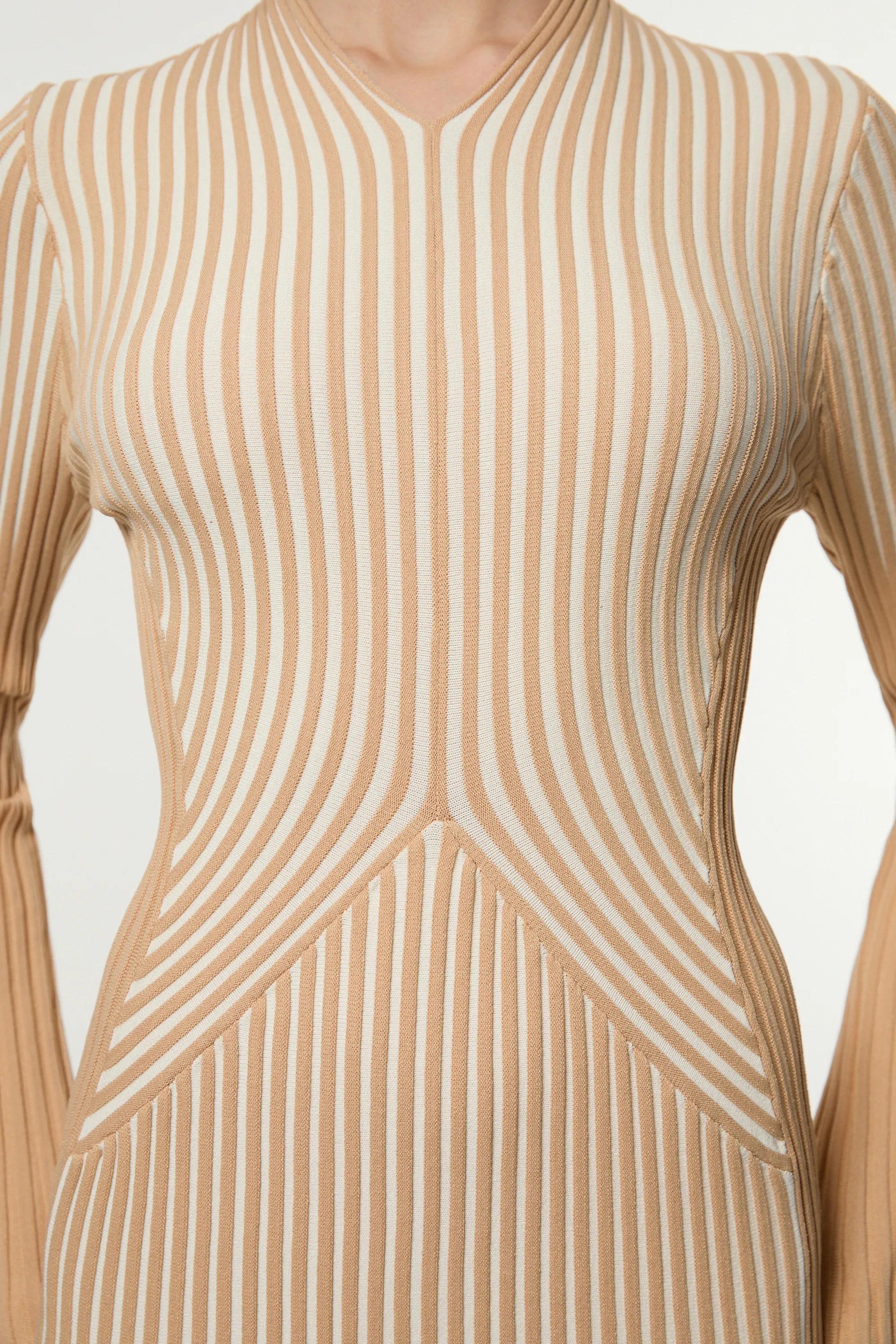 Stripe Fitted Long Sleeve Knitted Midi Dress BKK22970