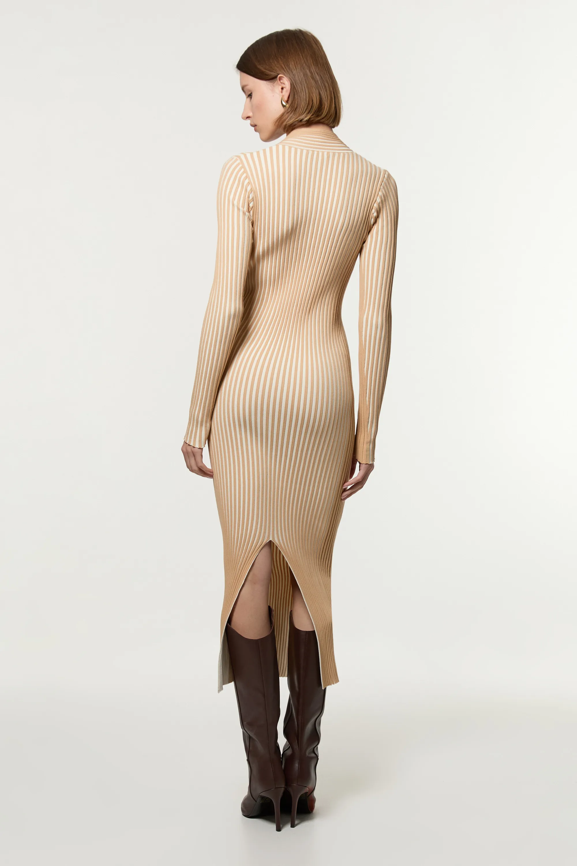 Stripe Fitted Long Sleeve Knitted Midi Dress BKK22970