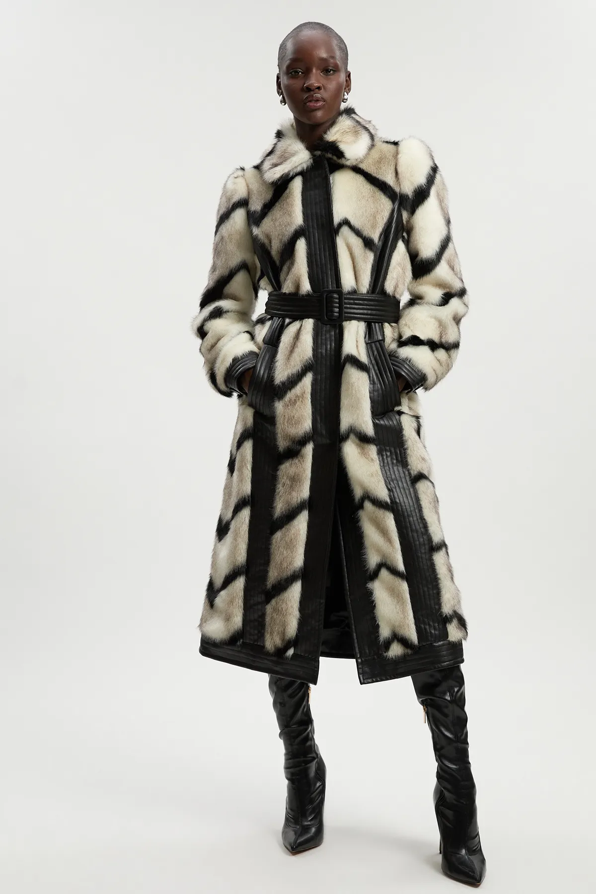 Panelled Stripe Faux Fur Pu Belted Long Coat BKK08942