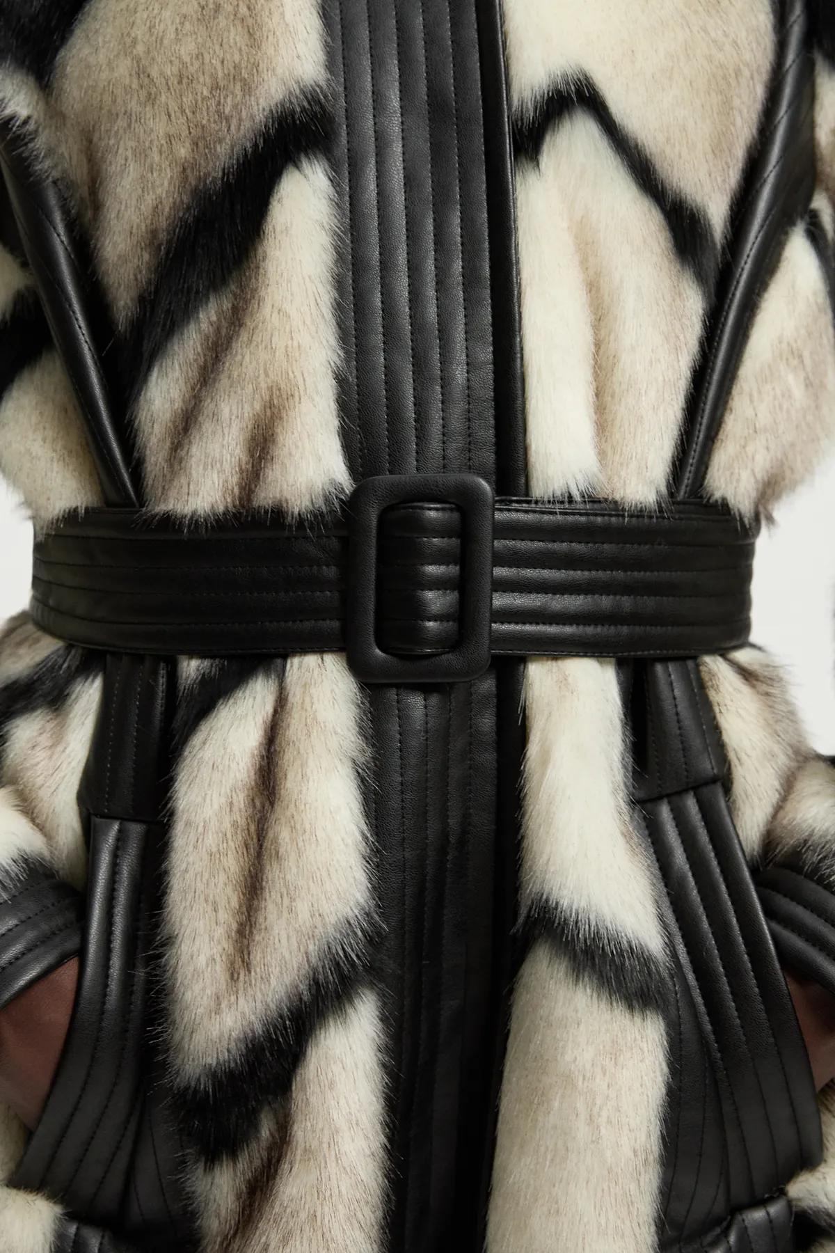 Panelled Stripe Faux Fur Pu Belted Long Coat BKK08942 3 Panelled Stripe Faux Fur Pu Belted Long Coat BKK08942