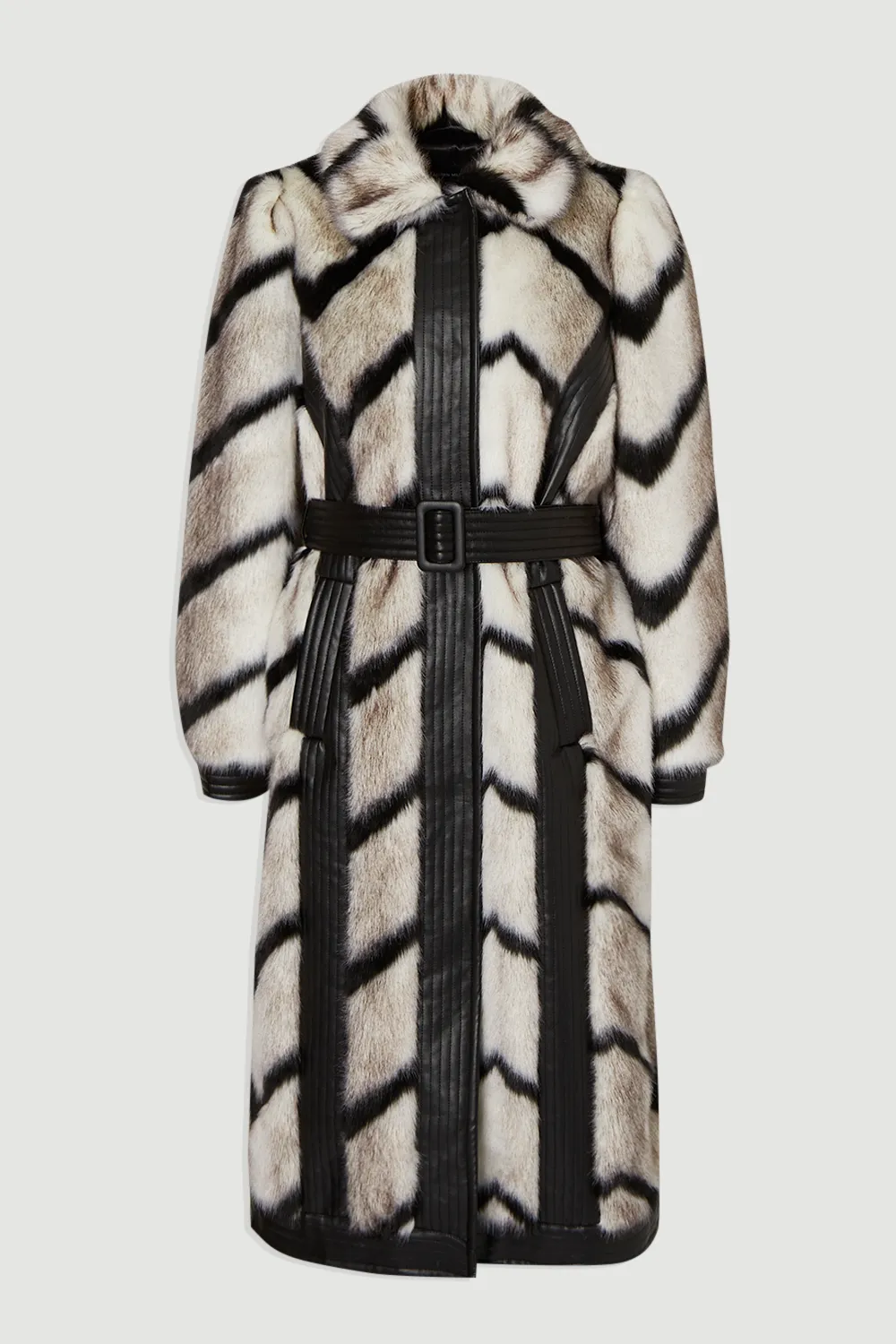Panelled Stripe Faux Fur Pu Belted Long Coat BKK08942 4 Panelled Stripe Faux Fur Pu Belted Long Coat BKK08942