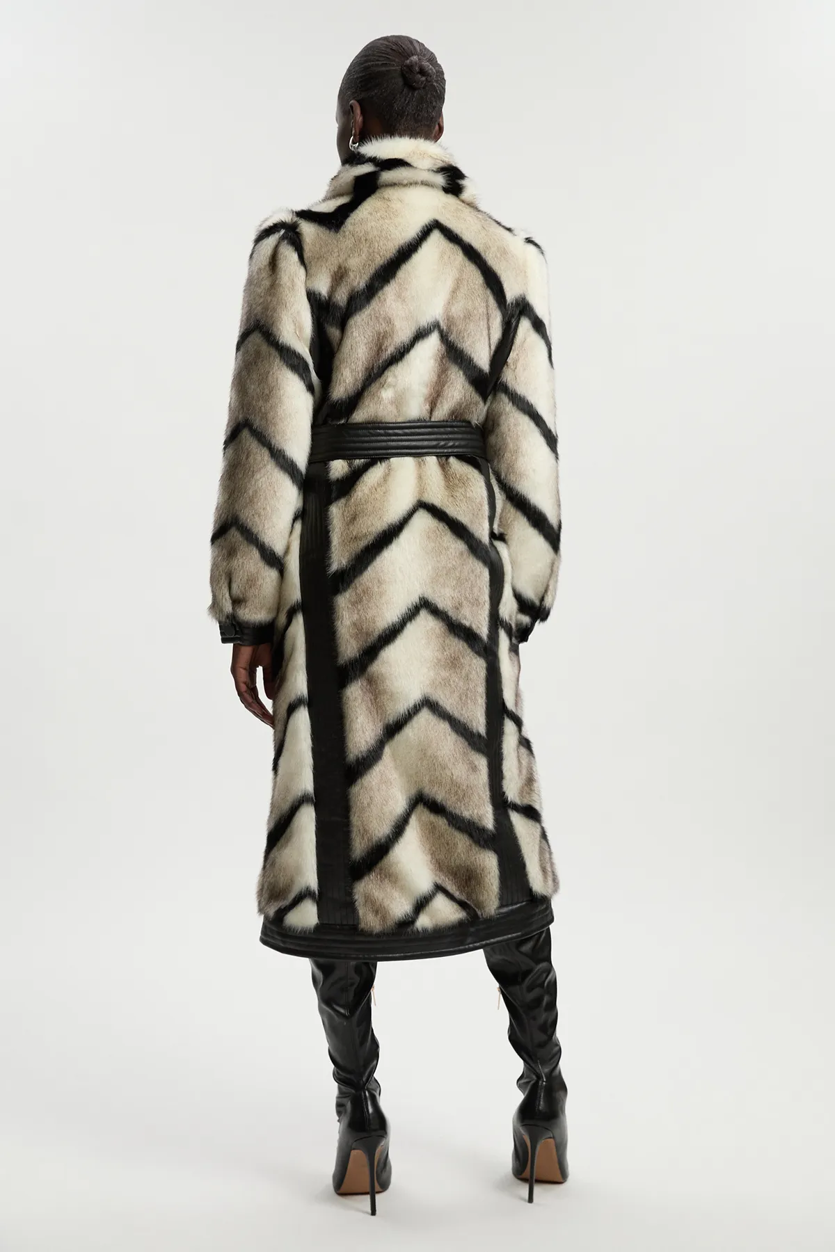 Panelled Stripe Faux Fur Pu Belted Long Coat BKK08942 5 Panelled Stripe Faux Fur Pu Belted Long Coat BKK08942