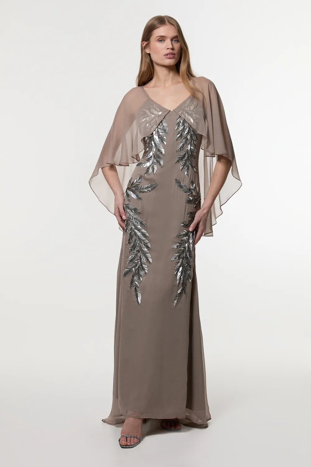 Feather Embellished Woven Cape Sleeve Maxi Dress BKK23080
