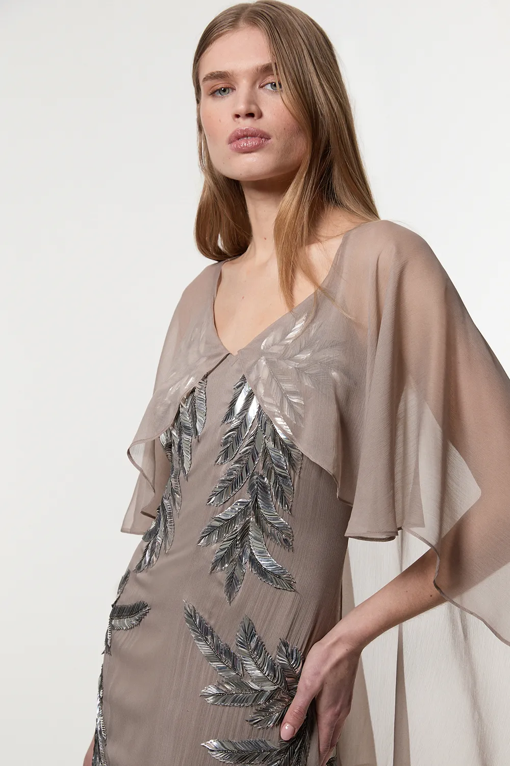 Feather Embellished Woven Cape Sleeve Maxi Dress BKK23080