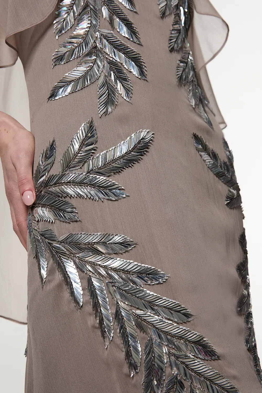 Feather Embellished Woven Cape Sleeve Maxi Dress BKK23080