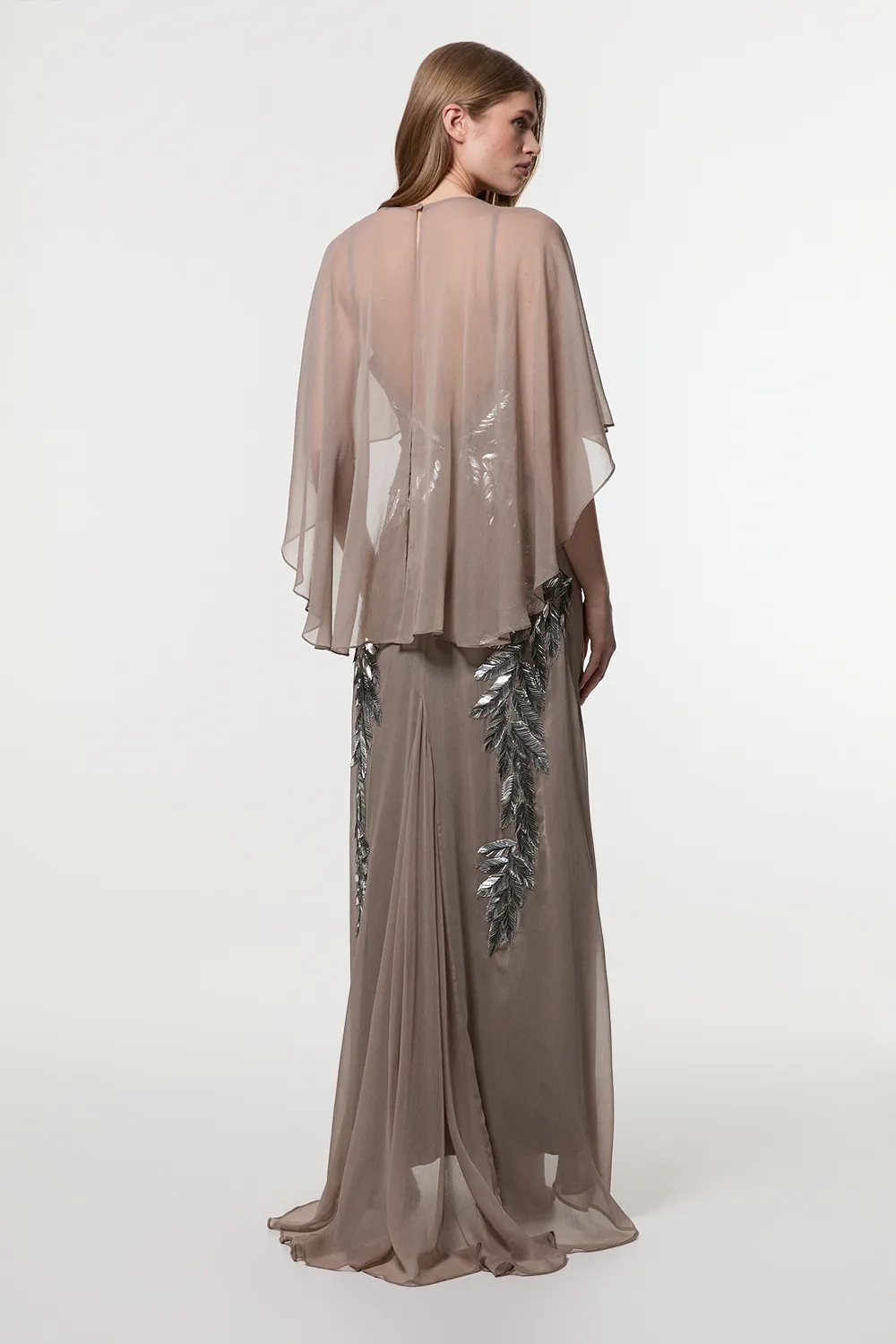 Feather Embellished Woven Cape Sleeve Maxi Dress BKK23080
