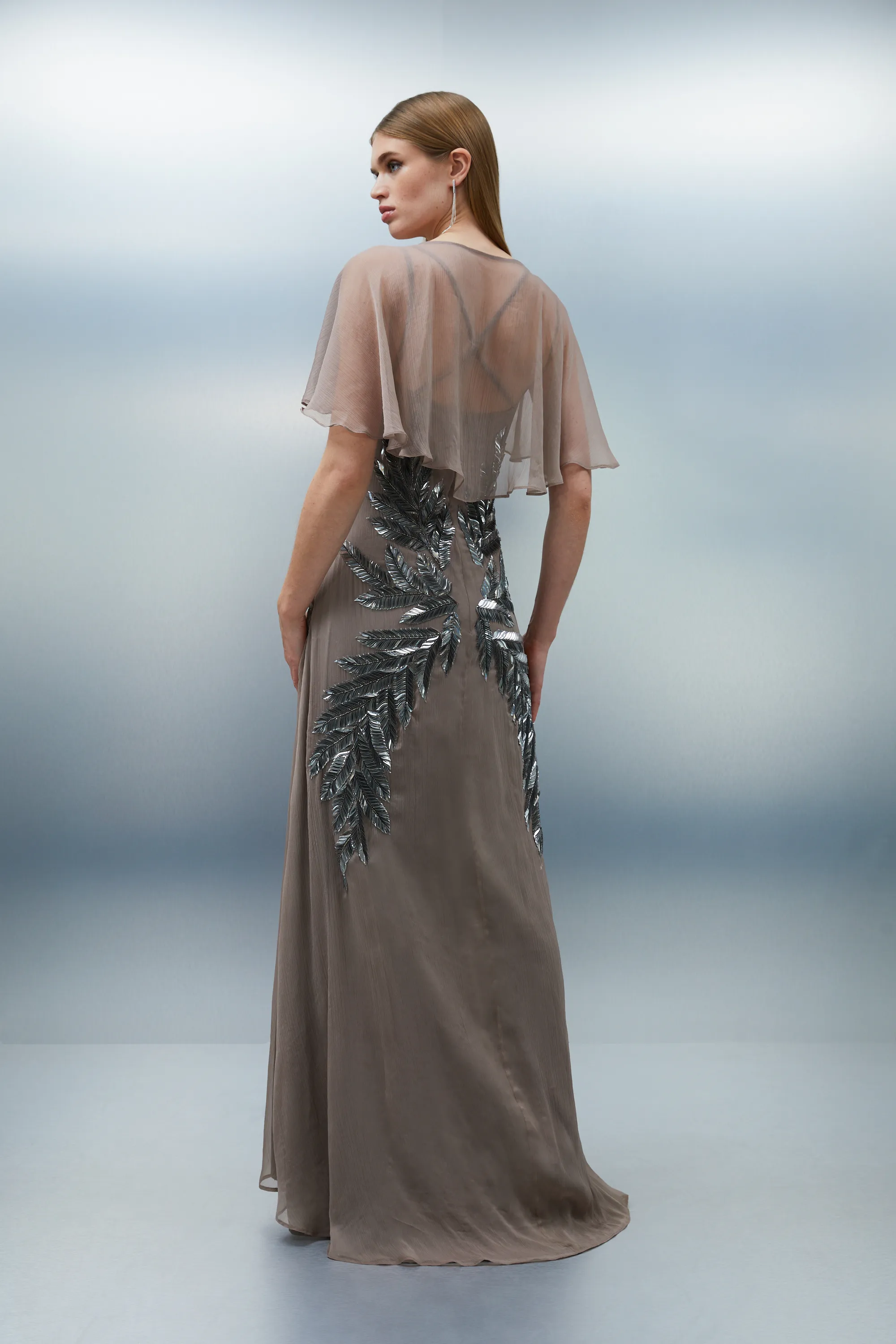 Feather Embellished Woven Cape Sleeve Maxi Dress BKK23080