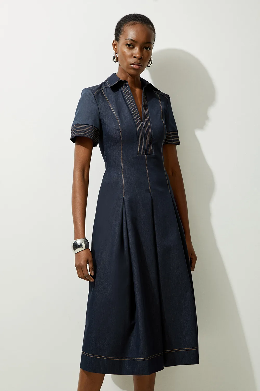 Tailored Denim Full Skirted Midi Shirt Dress BKK23155