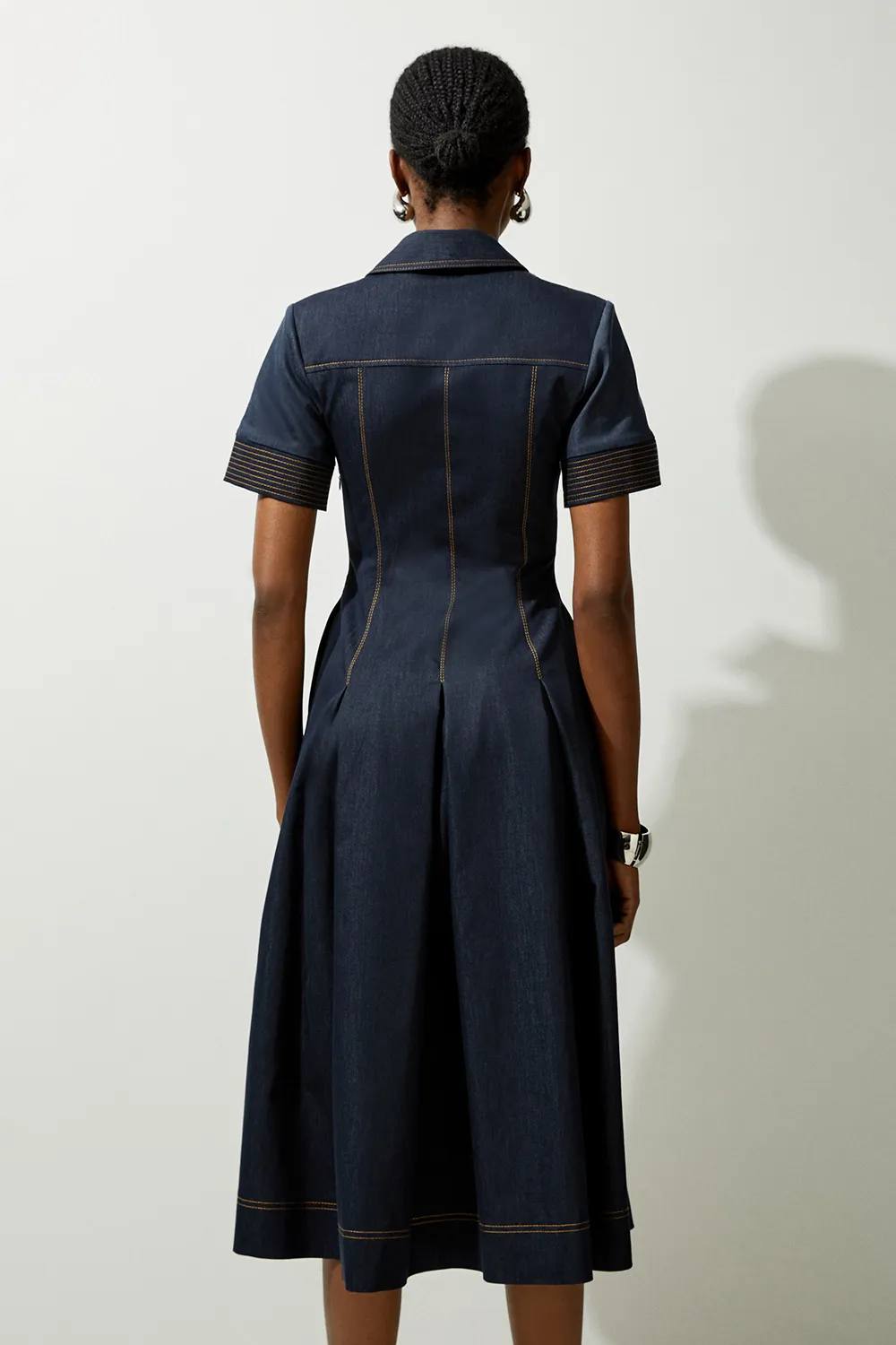 Tailored Denim Full Skirted Midi Shirt Dress BKK23155