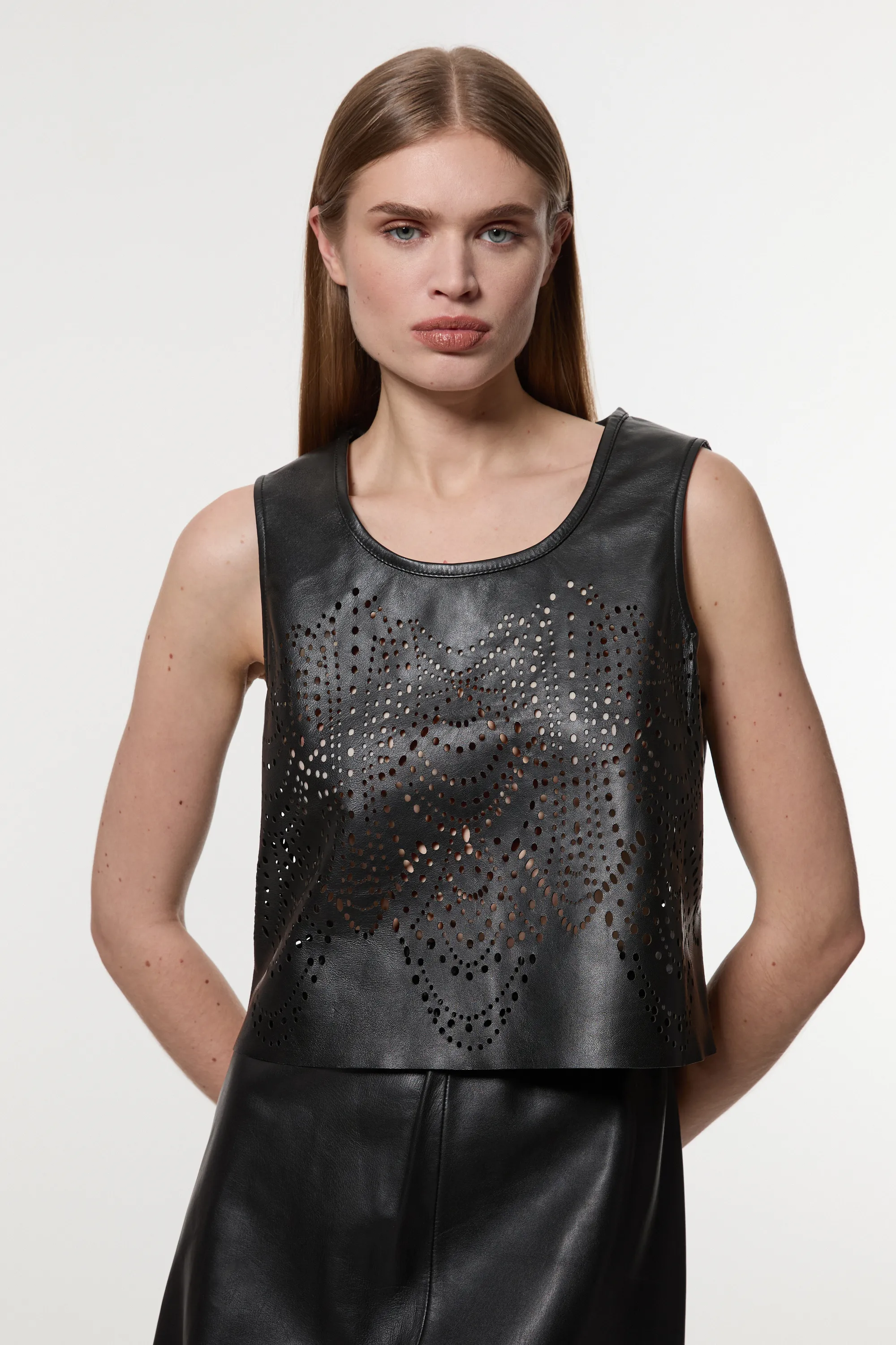 Amelia Graham Leather Cutwork Tailored Shell Top BKK23342