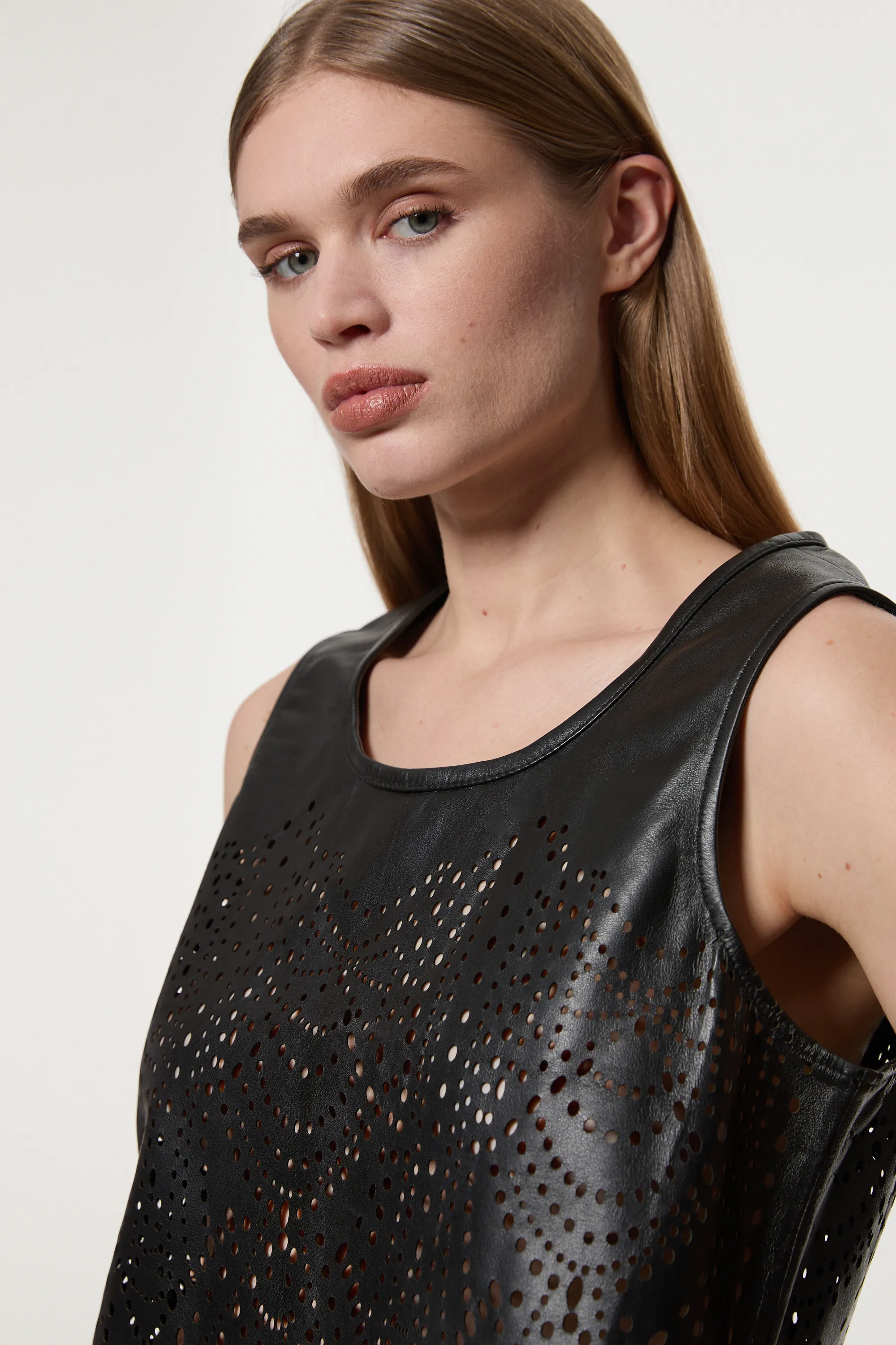 Amelia Graham Leather Cutwork Tailored Shell Top BKK23342