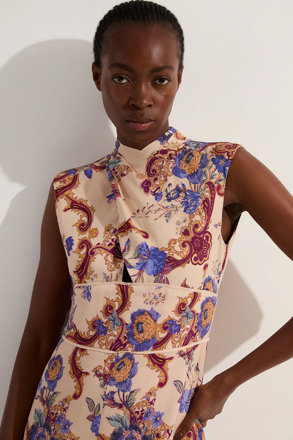 Petite Premium Viscose Linen Paisley Border Print Woven Jumpsuit BKK23347