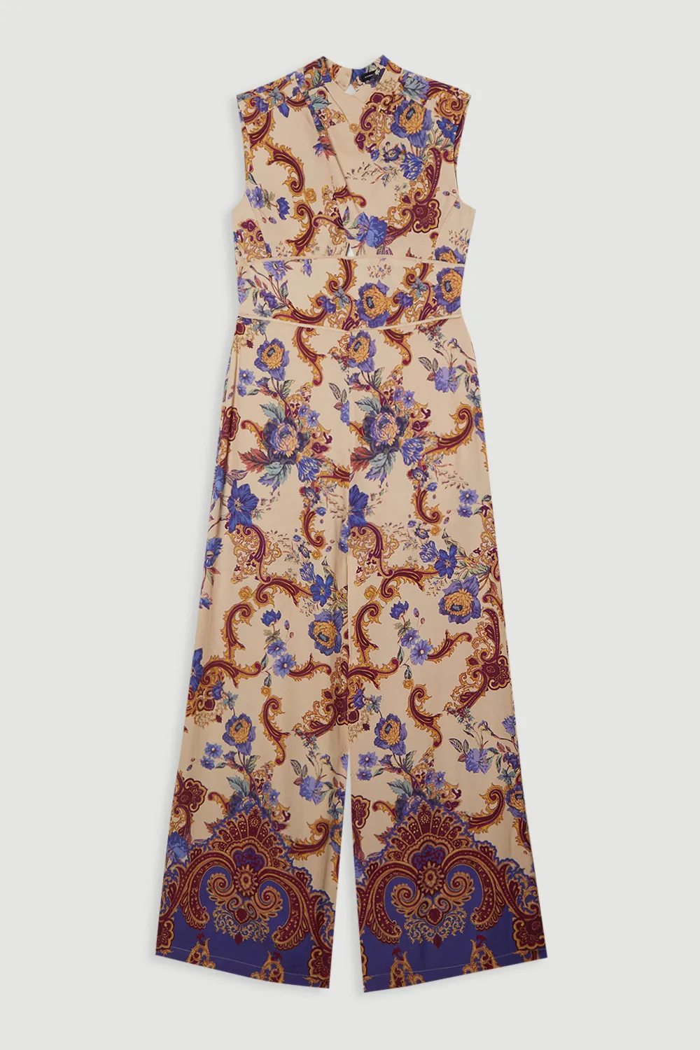 Petite Premium Viscose Linen Paisley Border Print Woven Jumpsuit BKK23347