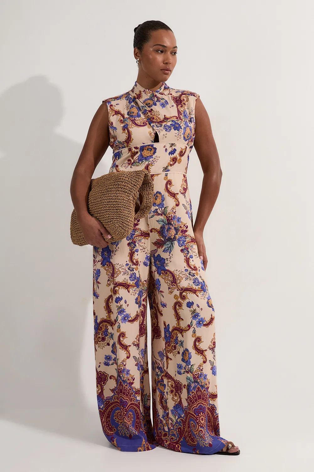 Plus Size Premium Viscose Linen Paisley Border Print Woven Jumpsuit BKK23346