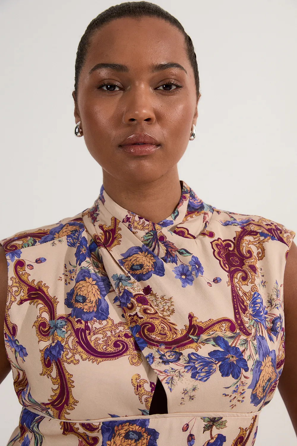 Plus Size Premium Viscose Linen Paisley Border Print Woven Jumpsuit BKK23346