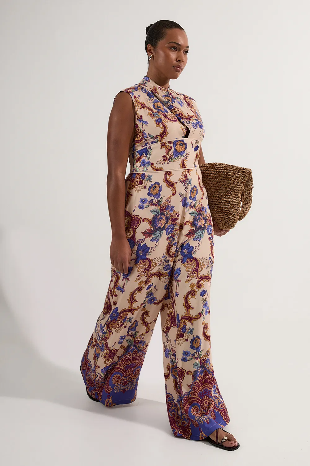 Plus Size Premium Viscose Linen Paisley Border Print Woven Jumpsuit BKK23346 3 Plus Size Premium Viscose Linen Paisley Border Print Woven Jumpsuit BKK23346