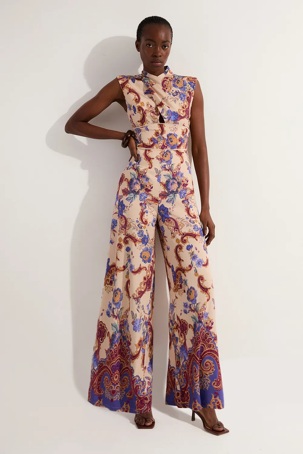 Premium Viscose Linen Paisley Border Print Woven Jumpsuit BKK23348