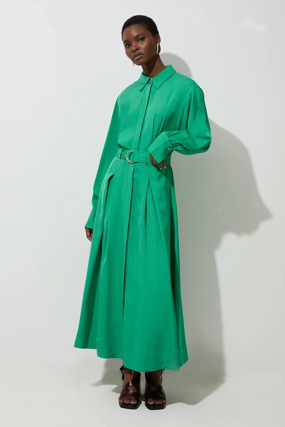 Premium Viscose Linen Woven Shirt Dress With Gold Buckle Belt BKK23398