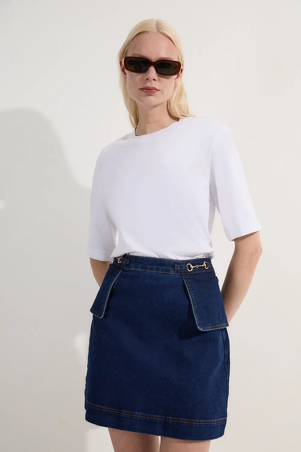 Stretch Denim Snaffle Trim Mini Skirt BKK23436