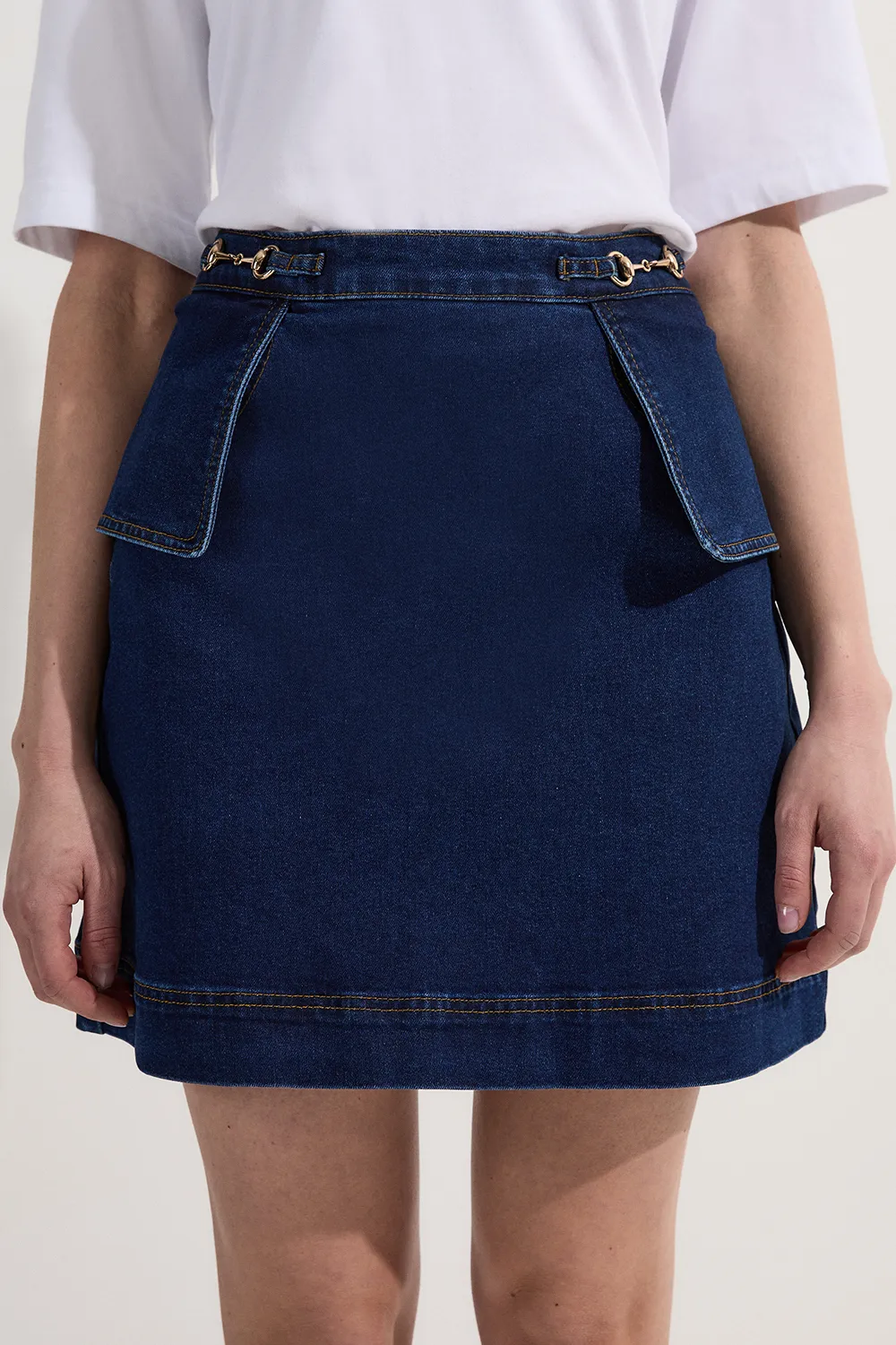Stretch Denim Snaffle Trim Mini Skirt BKK23436