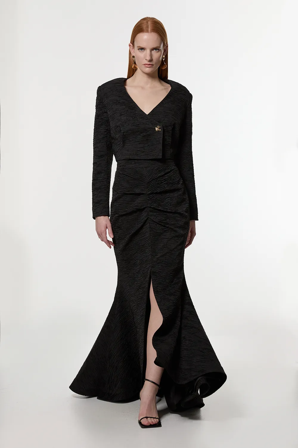 Crinkle Satin Pleated Tailored Maxi Skirt BKK23467