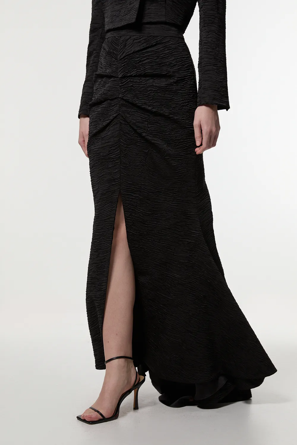 Crinkle Satin Pleated Tailored Maxi Skirt BKK23467