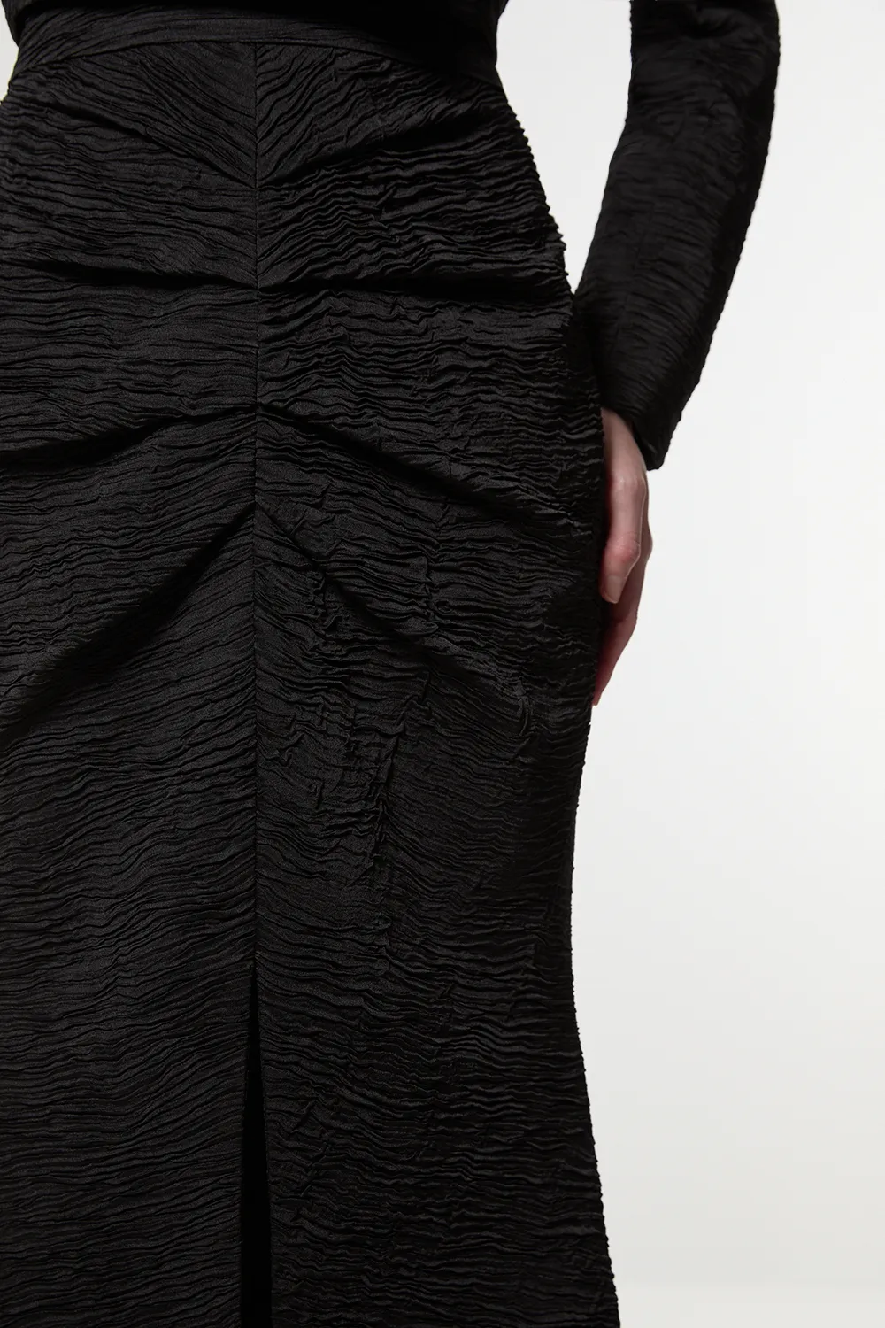 Crinkle Satin Pleated Tailored Maxi Skirt BKK23467