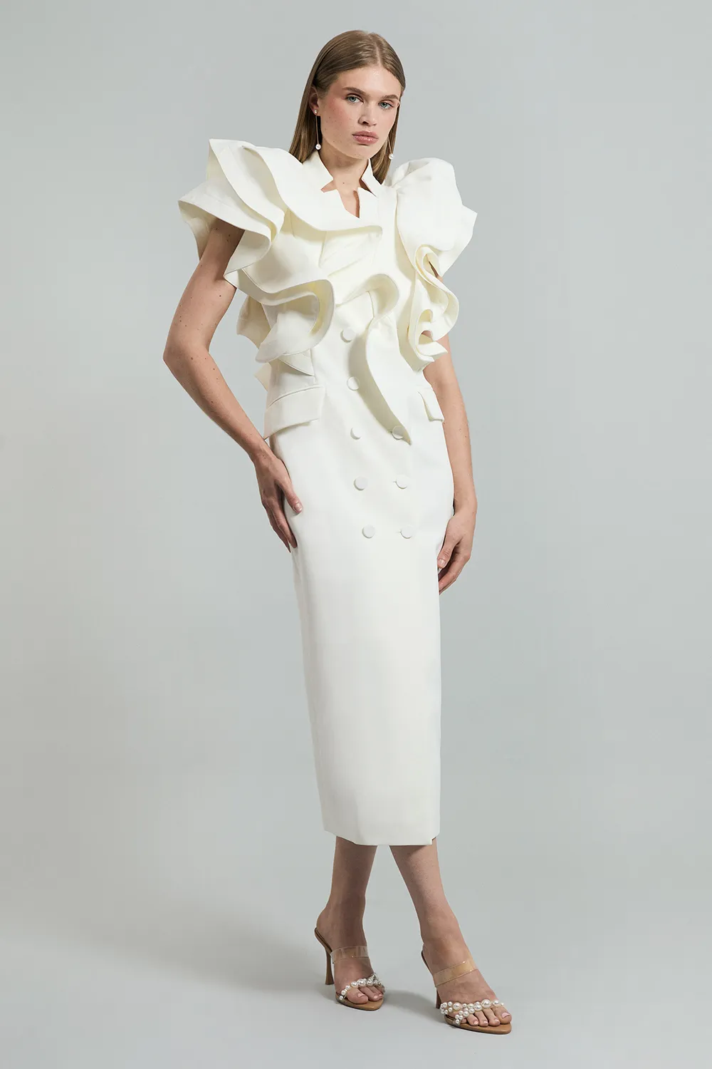 Drama Ruffle Tuxedo Tailored Pencil Maxi Dress BKK23510