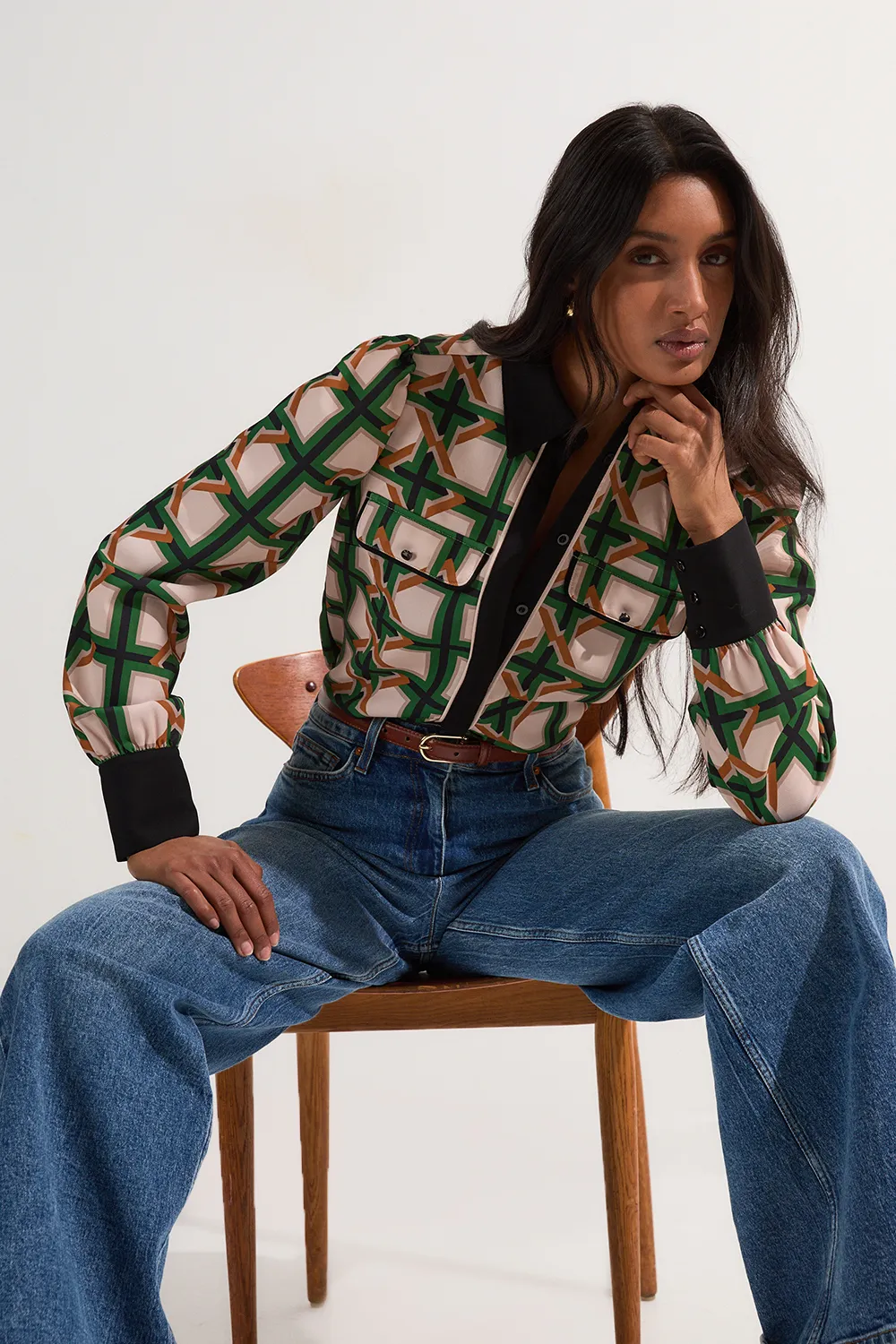 Twill Tie Border Print Long Sleeve Woven Shirt BKK23544