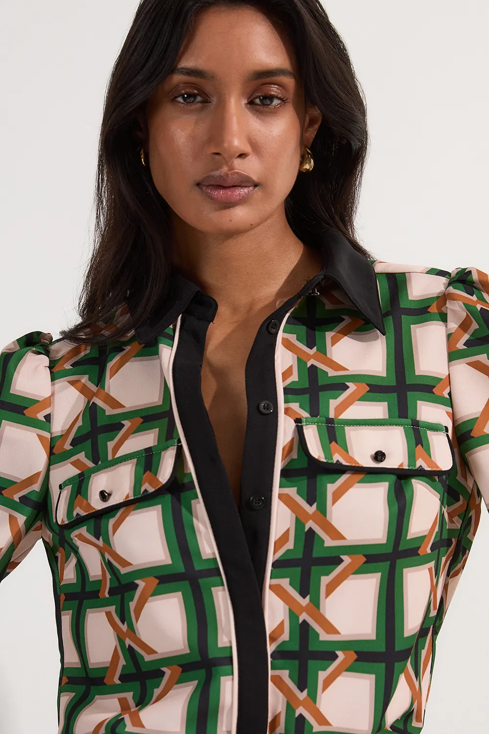 Twill Tie Border Print Long Sleeve Woven Shirt BKK23544