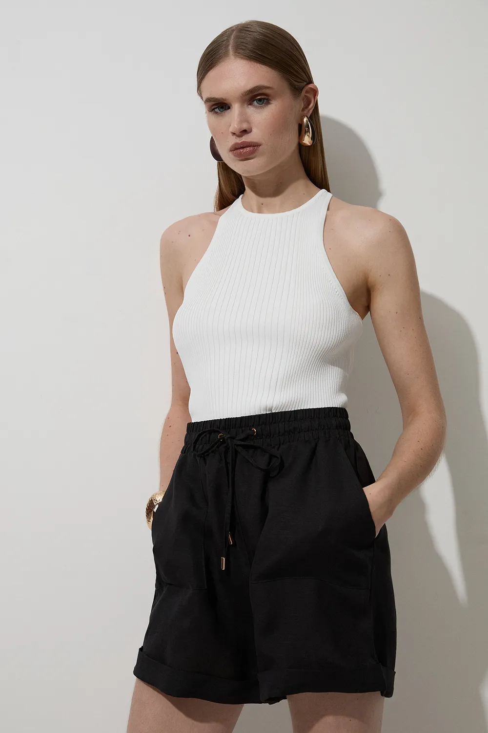 Viscose Linen Tie Waist Woven Short BKK23589