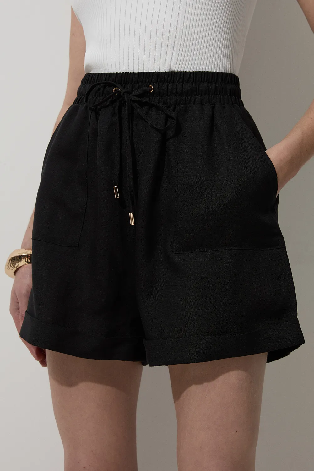 Viscose Linen Tie Waist Woven Short BKK23589