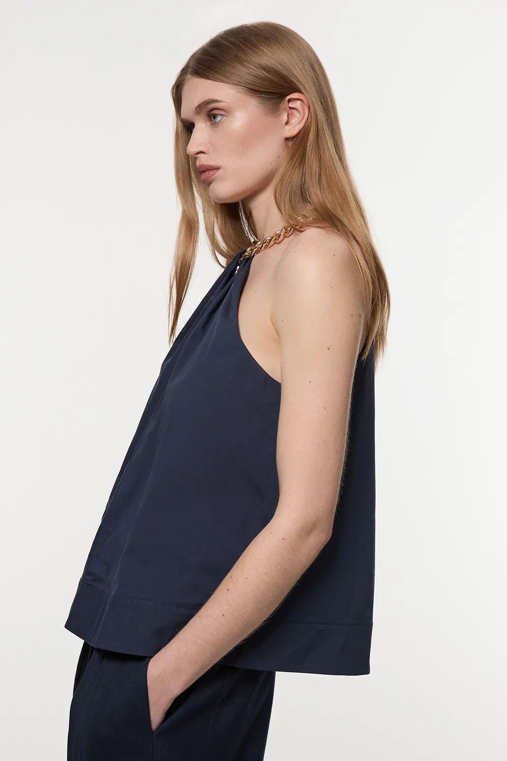 Cotton Poplin Chain Halter Neck Woven Shirt BKK23623