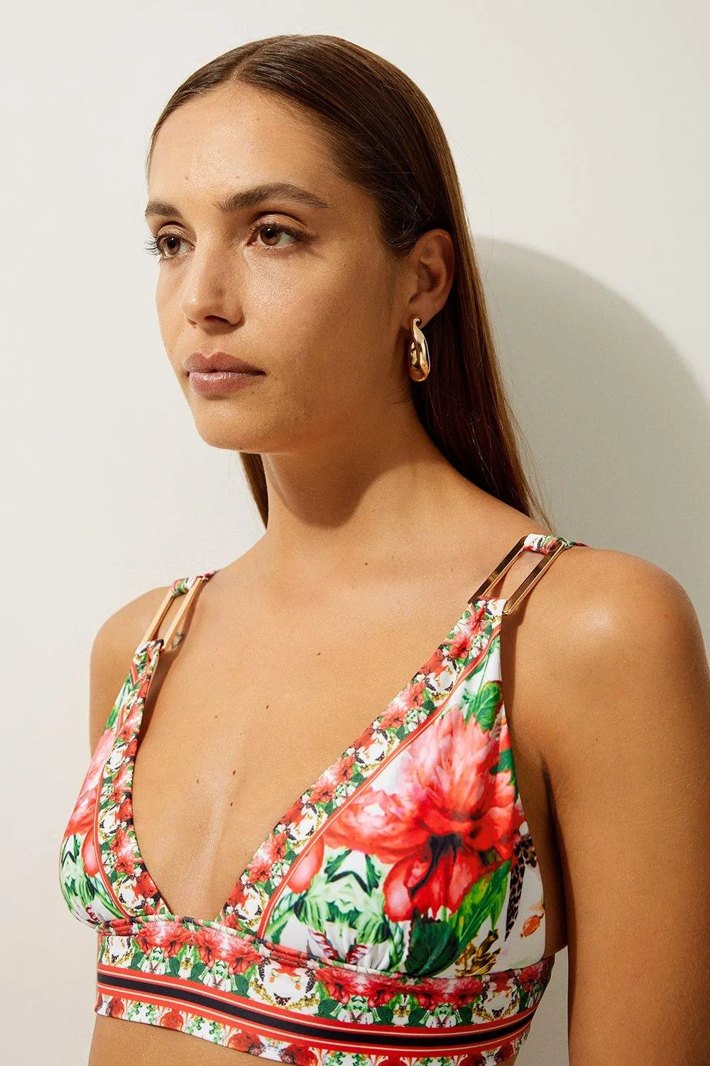 Mirror Floral Print Trim Detail Bikini Top BKK17415