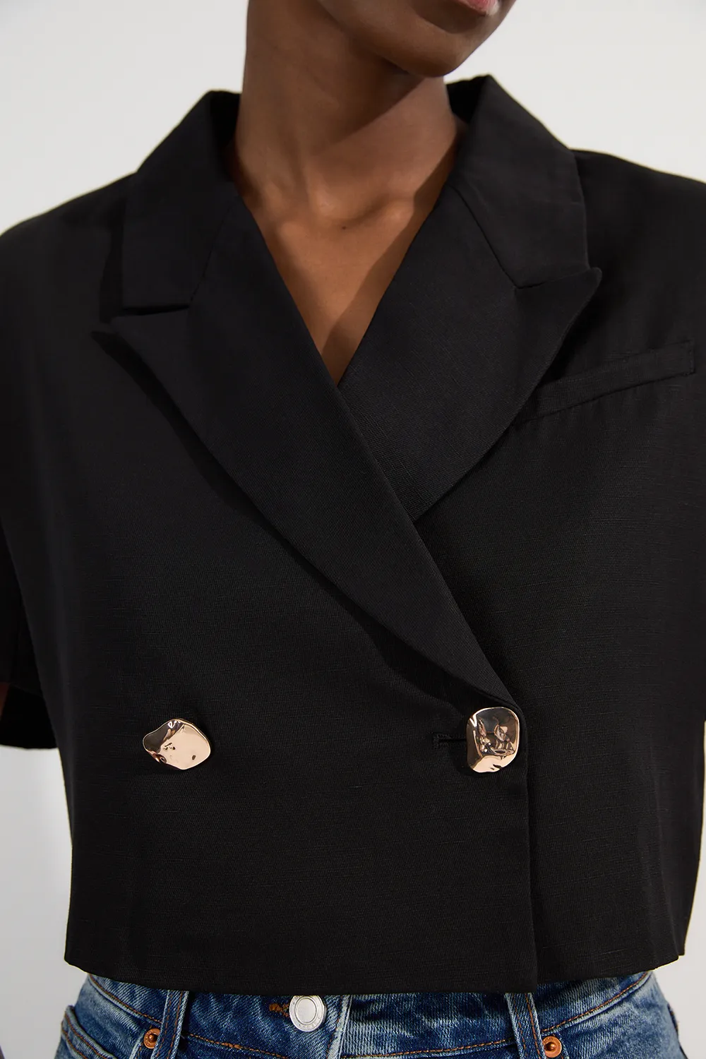 Viscose Linen Tailored Crop Short Sleeve Blazer BKK23755