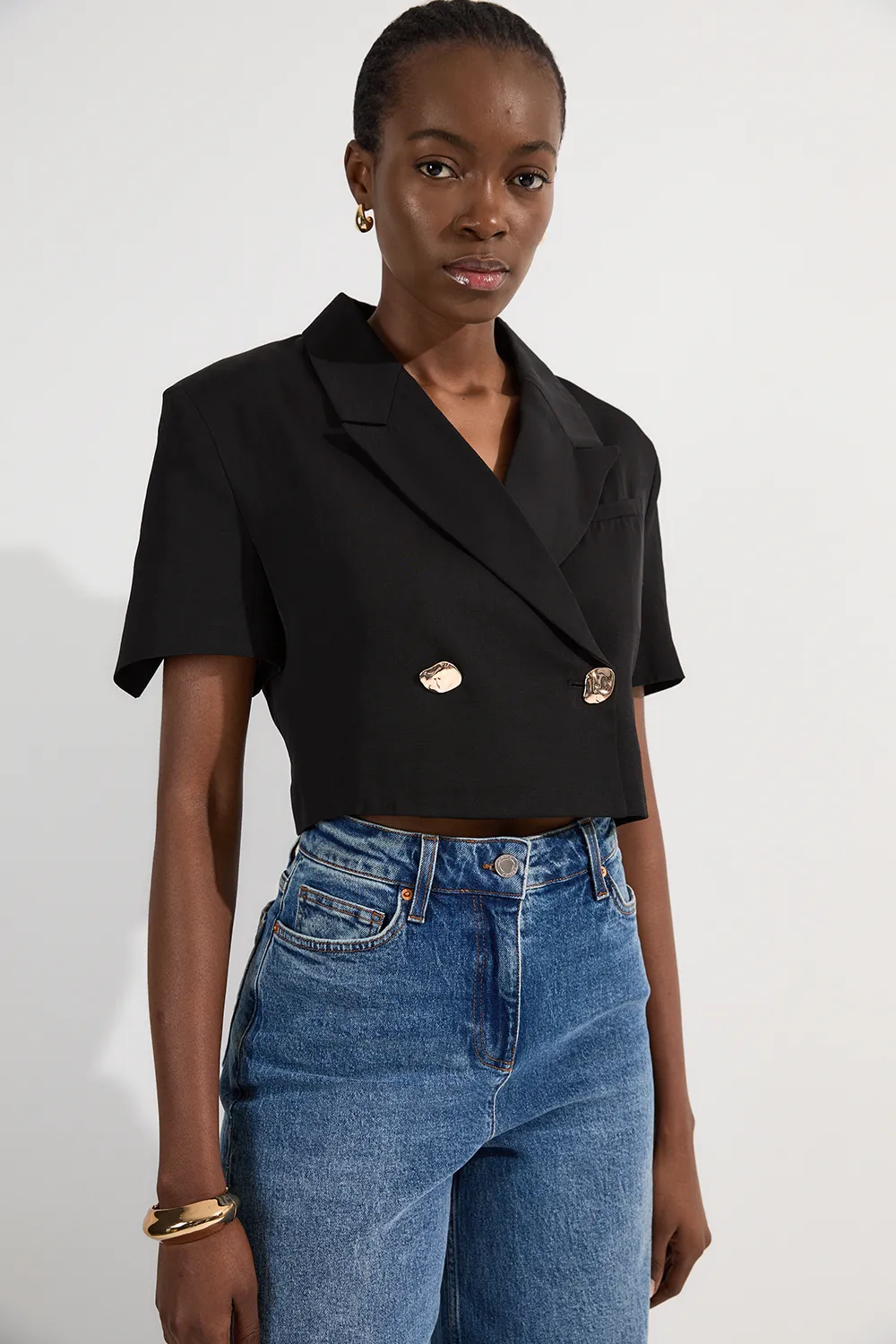 Viscose Linen Tailored Crop Short Sleeve Blazer BKK23755