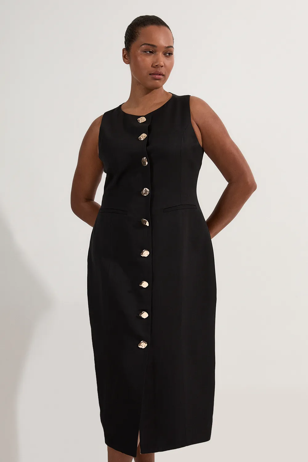 Plus Size Viscose Linen Tailored Statement Button Front Pencil Midi Dress BKK23763