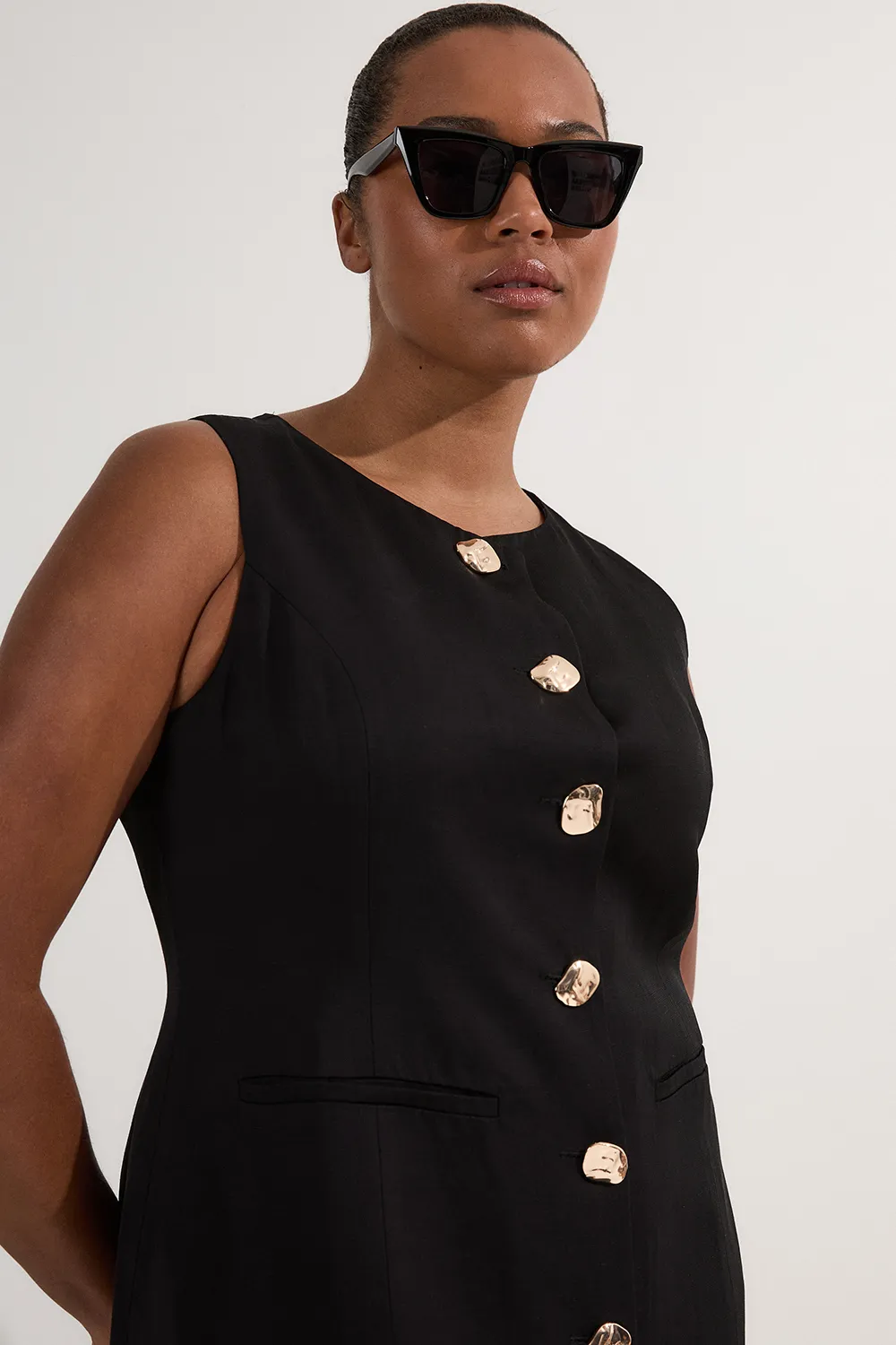 Plus Size Viscose Linen Tailored Statement Button Front Pencil Midi Dress BKK23763