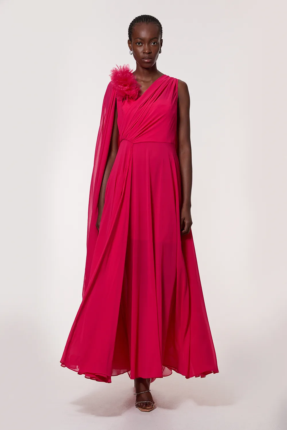 Georgette Pleated Bustier Cape Back Woven Maxi Dress BKK23803