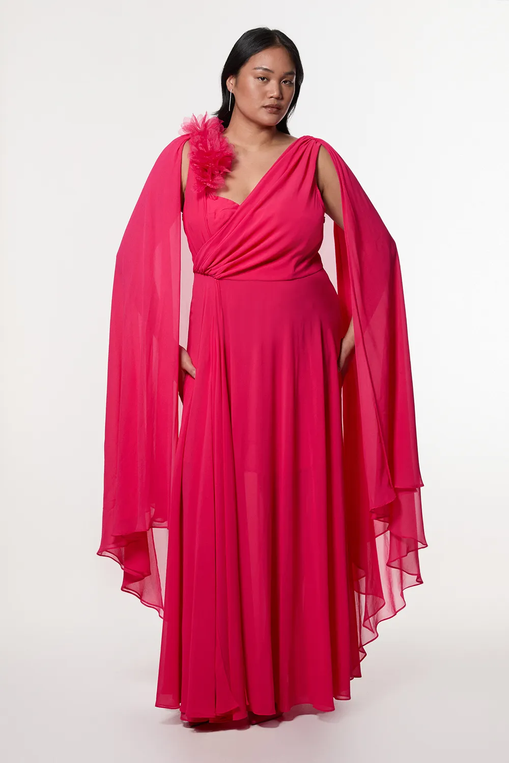 Plus Size Georgette Pleated Bustier Cape Back Woven Maxi Dress BKK23804