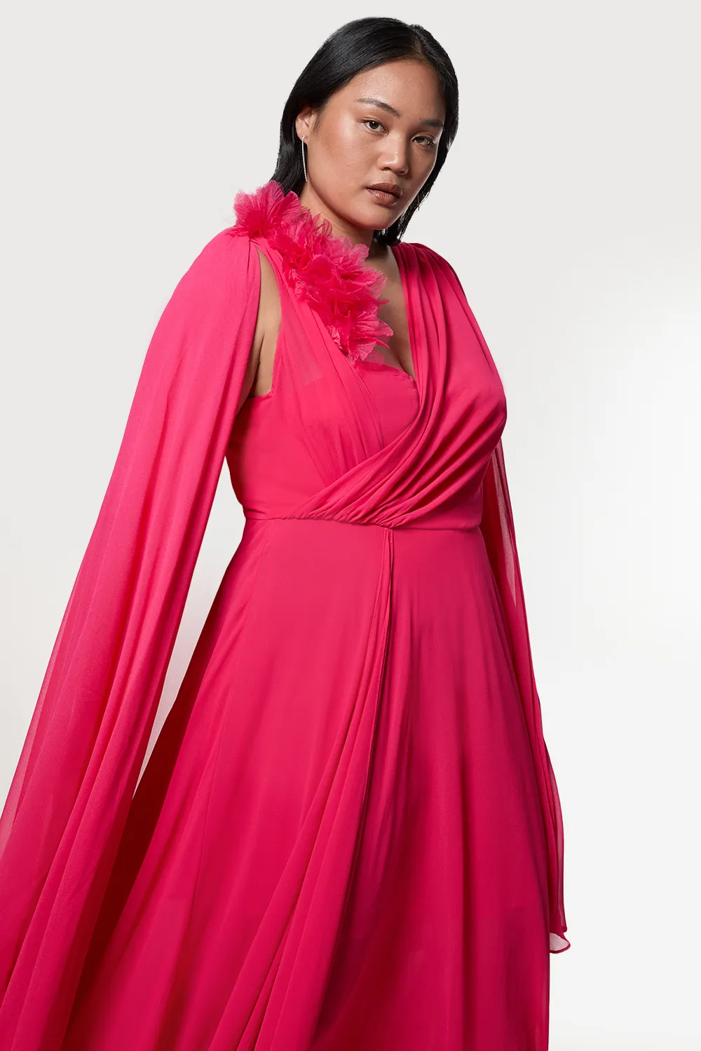 Plus Size Georgette Pleated Bustier Cape Back Woven Maxi Dress BKK23804