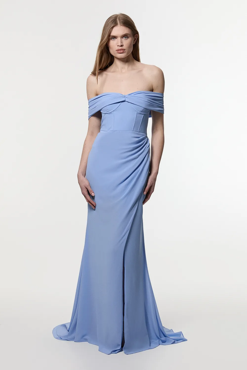 Georgette Pleated Bustier One Shoulder Drama Woven Maxi Dress BKK23852